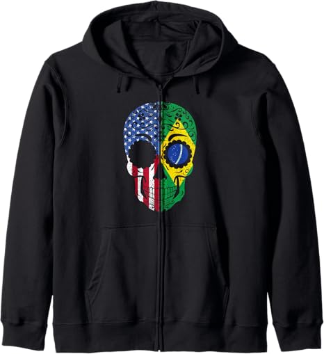 Half Brazil Half USA Flag Mix Heritage - sugar skull zip up hoodie mens