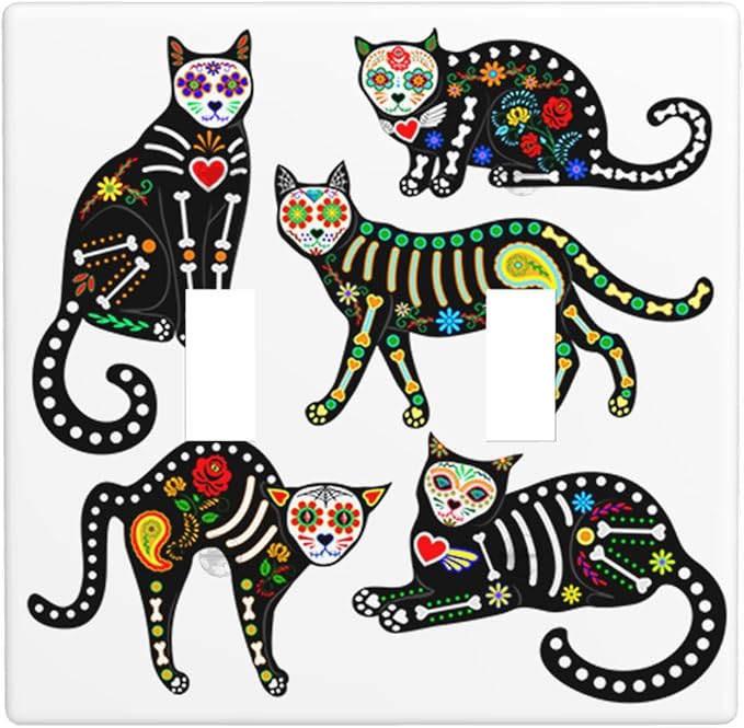 Moslion Black Cats Skull Double Toggle Light Switch Plate Sugar Skull Black Kitten Mexican Day Of The Dead Flower Halloween 2-Gang Wall Plate Device Mount Plug Cover Home Decor Bedroom - sugar skull plates set