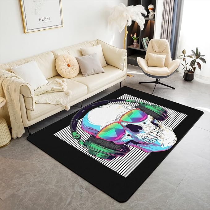 Erosebridal Sugar Skull Carpet,Colorful Headphones Area Rug for Adult Teens,Music Hip Hop Style Decorative Rug,White Black Lines Gothic Spooky Indoor Floor Mat,3x5 Non Slip - sugar skull area rug