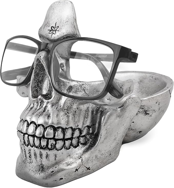VIPbuy Skull Glasses Holder Stand with Storage Tray, Novelty Eye glasses Holder Rack for Nightstand, Resin Skull Head Sculpture Statue Home Office Desk Decor Gift (Silver) - sugar skull table lamp