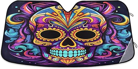 Windshield Sun Shade Sugar Skull Front Window Block UV Shades Visor Reflective Retractable for Car SUV Trucks - sugar skull car sunshade for windshield
