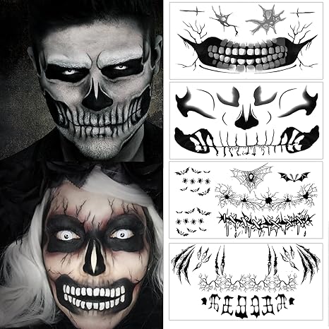 ASVNRES Halloween Face Tattoos for Women Makeup, Devil Face Skeleton Mouth Spider Web Temporary Tattoo Stickers, Horror Make Up Scary Face tattoos For Kids Girls Boys Adults - sugar skull temporary tattoo