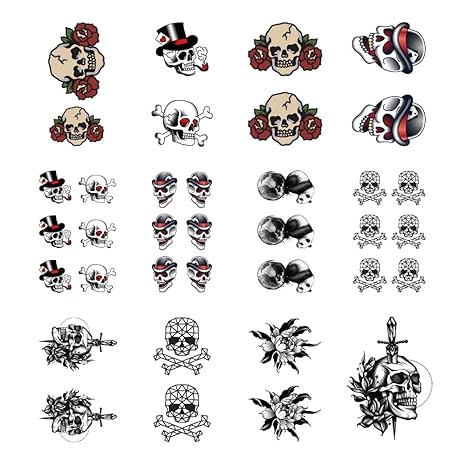 Skull Temporary Tattoo Sticker Waterproof Halloween Vintage Adult Men Women Hand Arm Shoulder 10.5X6cm Set of 12 (SF242) - sugar skull temporary tattoo