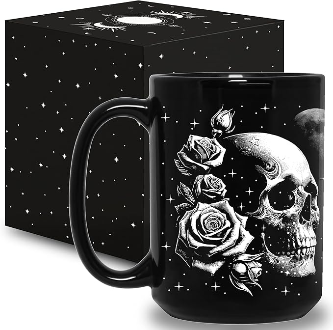 Skull Mug 15oz Goth Gift for Women - Christmas Mugs Witch Gifts for Women Skull Gifts for Men Unique - Gothic Coffee Mug - Witch, Goth Decor Christmas Cup With Skulls Cup Gothic Gift for Men, Dad, Mom - sugar skull tumbler with straw