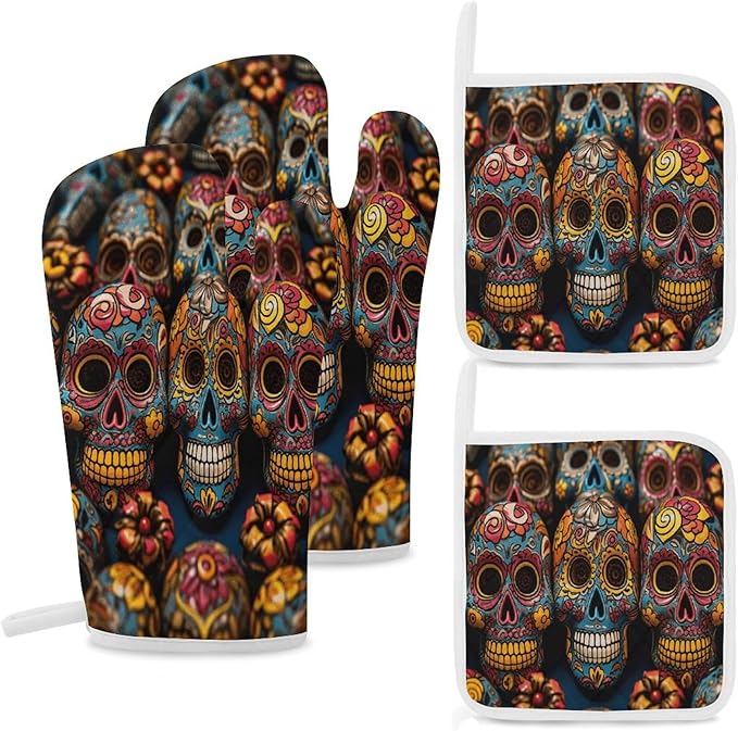 Colorful Sugar Skulls Oven Mitts and Pot Holders Sets of 4 High Heat Resistant Kitchen Oven Gloves and Hot Pads Non-Slip Oven Gloves Potholders for Baking Cooking BBQ - sugar skull oven mitts