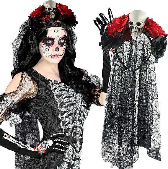 Mexican Day of the Dead Rose Flower Veil Headband Floral Lace Crown Red Black Flower Dead Skull Headpiece for Women Girls Halloween Masquerade Party Cosplay Costume - sugar skull flower crown