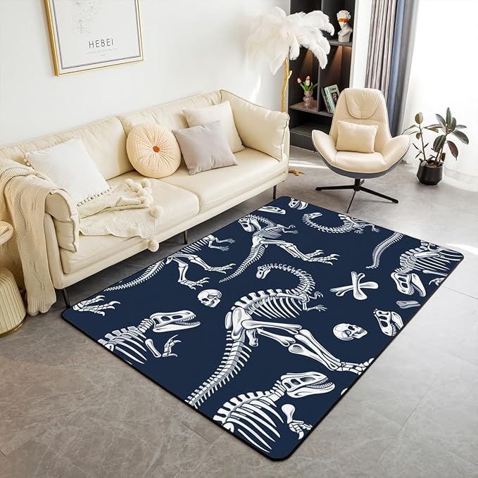 Feelyou Dinosaur Skull Rugs for Living Room Bedroom for Kids Boys Girls Teens Toddler Sugar Skull Decorative Carpet Area Rug 3x5 Dinosaur Skeleton Navy Blue Indoor Floor Mat - sugar skull area rug