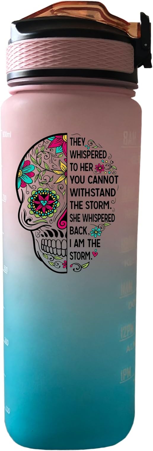 I Am The Storm Sugar Skull 32 OZ Drinking Water Bottle with Times to Drink and Straw, Motivational with Carrying Strap, Leakproof BPA & Toxic Free, Ensure You Drink Enough Water for Outdoor - sugar skull tumbler with straw