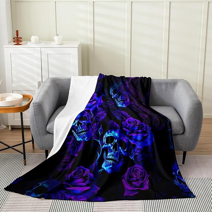 Feelyou Sugar Skull Fuzzy Blanket Queen 90"x90" Purple Blue Rose for Sofa Couch Teens Toddler Flannel Fleece Throw Blanket Gothic Skull All Season Bed Blanket Scary Plush Blanket - sugar skull throw blanket