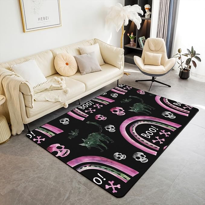 Erosebridal Sugar Skull Carpet 3x5 Black Cat Bats Area Rug Pink Geometric Stripes Non Slip Indoor Floor Mat Halloween Horror Bedroom Decor for Kids Boys Girls Teens - sugar skull area rug