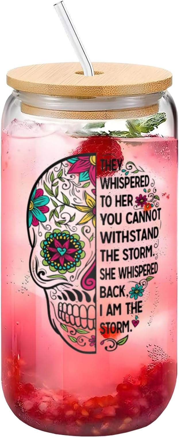 I Am The Storm Sugar Skull Transparent Glass Cup 16 OZ —— Bamboo Lid & Straw, The Glassware Great for Occasion, Hot and Cold Drinks - sugar skull tumbler with straw