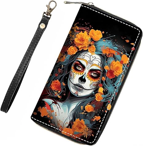 Sugar Skull Girl Flower Wallet for Women with Credit Card Holder Coin Money Clip PU Leather Zip Around Clutch Wallet - sugar skull wallets for women