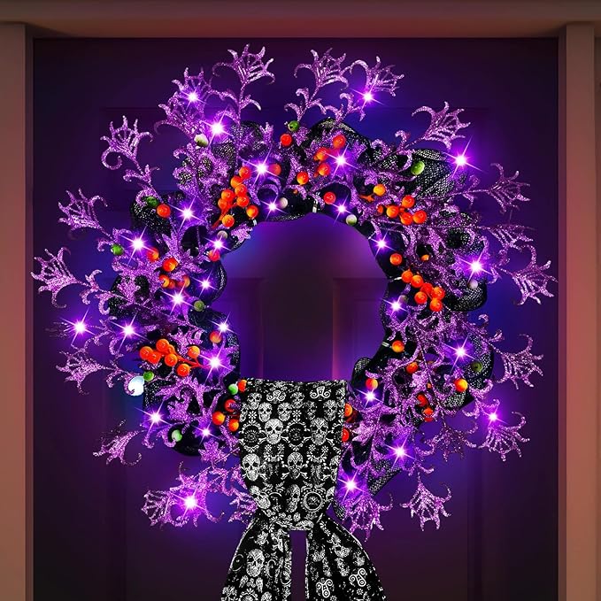 Dingion 4 Pcs Halloween Wreath for Front Door 20 Inch Lighted Up Wreath Decor Orange Purple with Skull Sash LED Lights Hook for Fall Indoor Outdoor Window Porch Wall Halloween Home Party Decor - sugar skull wreath for front door