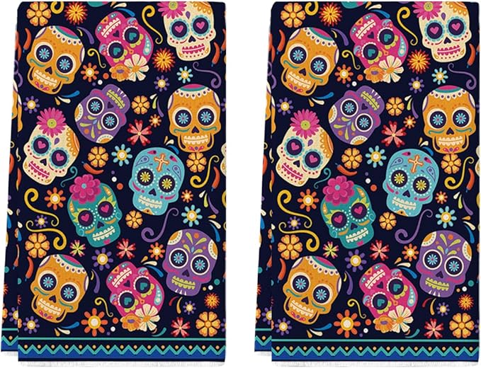 Artoid Mode Suger Skulls Floral Day of The Dead Kitchen Towels Dish Towels, 18x26 Inch Halloween Decoration Hand Towels Set of 2 - sugar skull beach towel