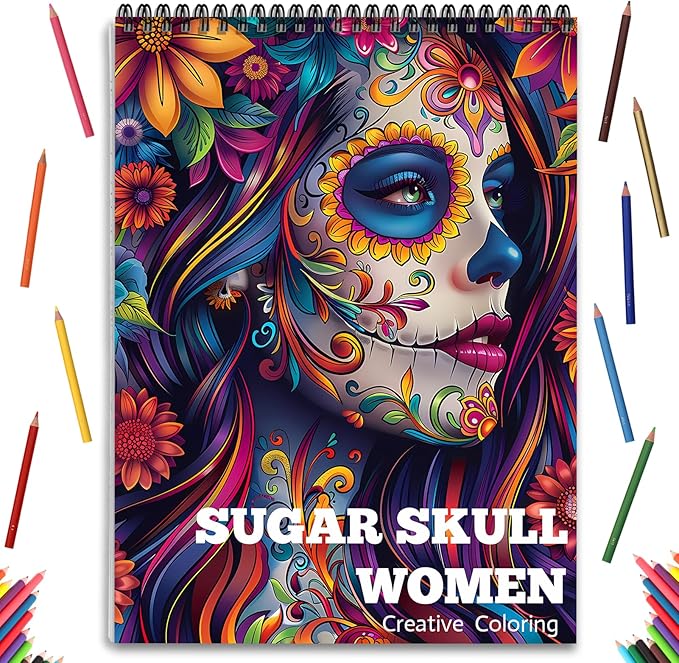 Sugar Skull Coloring Book for Adult Women Relaxation, Spiral Bound, Printed Single-Sided, Adult Coloring Book for Women with 24 Pages Arts and Crafts Sugar Skull Mindfulness Gift - sugar skull wallets for women