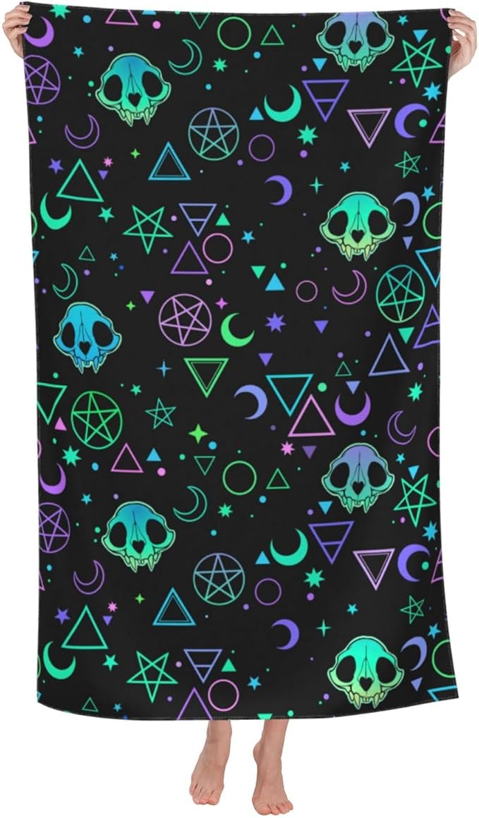 Magic Skull Gothic Moon Star Beach Towel Quick Dry Microfiber Bath Towels for Bathroom Soft Sand Free Beach Towels Summer Essentials Travel Swimming Decor Gifts for Women Men - sugar skull beach towel