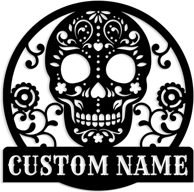 MeigoArt Personalized Sugar Skull Metal Sign, Custom Skull Wall Art For room Decor, Man Cave Decor,Skull Metal Art,Skull Name Sign,Skull Wall Hanging (Style-1) - sugar skull garden decor