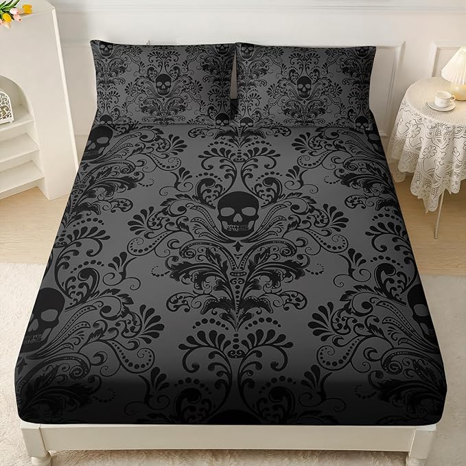 AILONEN Black Skull Fitted Sheet Set Queen Size,Floral Flower Gothic Skull Bed Sheet Set for Bedroom Decor,3 Pieces Boho Tree of Life Sheet Set,1 Fitted Sheet with 2 Pillowcases - sugar skull bedding set