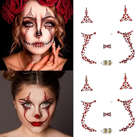 2 Packs Face Gems Stick Jewels Tattoos for Women Halloween Cosplay Makeup, Day of the Dead Sugar Skull Crystal Rhinestones Temporary Sticker Decorations for Halloween Festival Concert Dress-up - sugar skull temporary tattoo