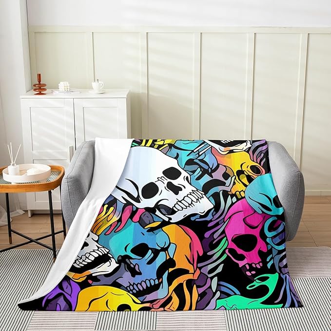 Erosebridal Sugar Skull Blanket,Colorful Gothic Skull Soft Breathable Throw Blanket,Rainbow Skeleton Bones Fleece Blanket,Halloween Hippie Style Fuzzy Blanket for Girls Boys Teens Adult Throw 50x60 - sugar skull throw blanket