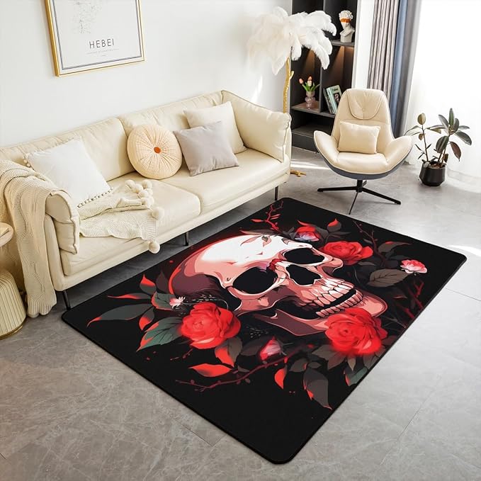 Erosebridal Sugar Skull Area Rug 3x5,Red Rose Carpet Bedroom Decor,Skeleton Bones Floral Indoor Floor Mat,Romantic Aesthetic Decorative Rug for Kids Teens Adult,Red Black - sugar skull area rug