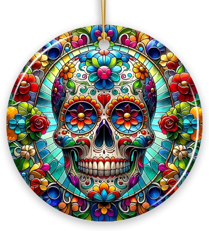 Sugar Skull Stained Glass Themed Ceramic Ornament, Day of The Dead Mexican - sugar skull christmas ornament