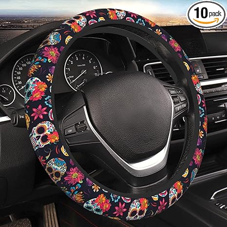 Colorfully Sugar-Skull 15 Inch Universal Steering Wheel Covers, Anti Slip Sweat Absorption Elasticity Car Accessories Steering Wheel Protector,Applicable to All Cars - sugar skull car floor mats