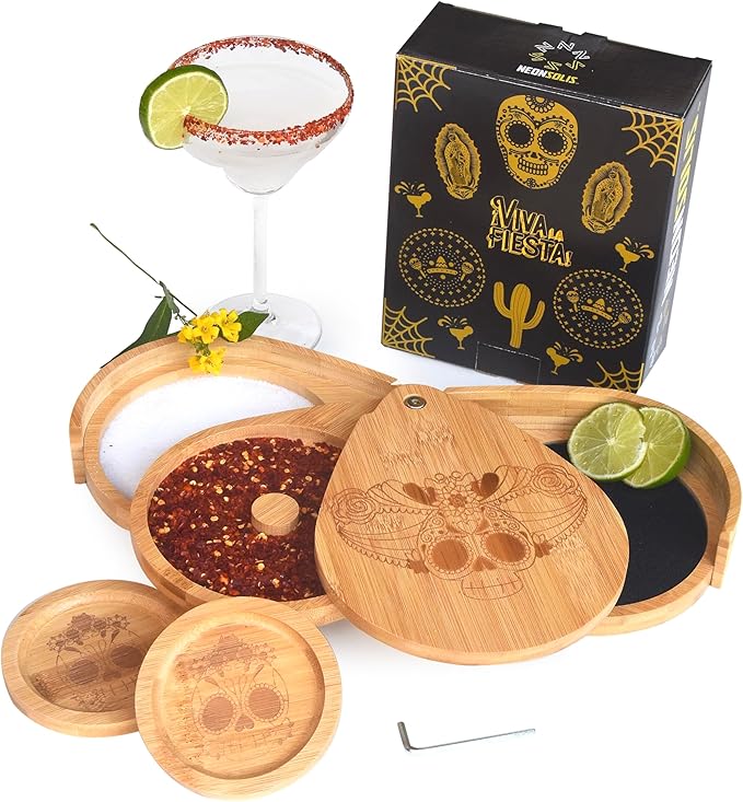 Margarita Salt Rimmer Set – 3-Tier Salt Rimmer for Cocktails – Cool Mexican Skull Engraving – Bamboo Wood Bar Salt and Sugar Rimmer – Cocktail Rimmers for Drinks, Party, Home Bar - sugar skull wine glass