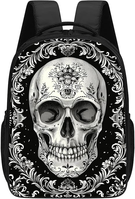 Skull Backpack Goth Gothic Skeleton with Floral Flowers Backpack Day of Dead Skull with Tattoo School Bag,16 Inch Kids Backpacks for Kindergarten,Elementary School Boys and Girls,Black and White - best sugar skull backpack