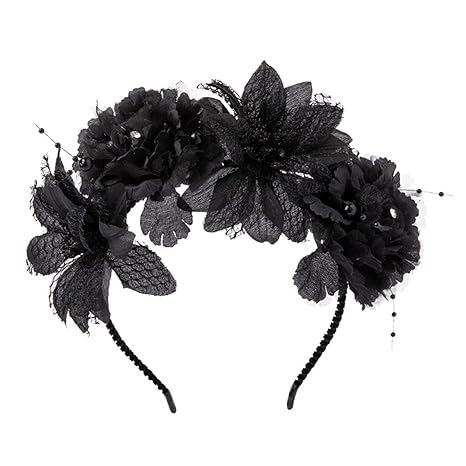 Generic Halloween Black Flower Headband Day of the Dead Mexican Floral Hair Hoop Black Gothic Flower Hairband for Halloween Hair Accessories - sugar skull flower crown