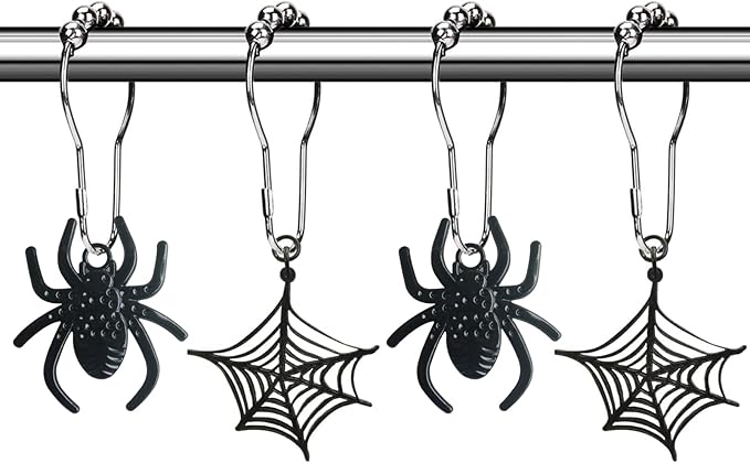 Black Spider Shower Curtain Hooks - Gothic Shower Curtain Hooks Decorative Shower Curtain Set Accessory, Rust Proof Shower Hooks for Shower Curtain, Unique Chic Halloween Theme Bathroom Decor - sugar skull shower curtain set