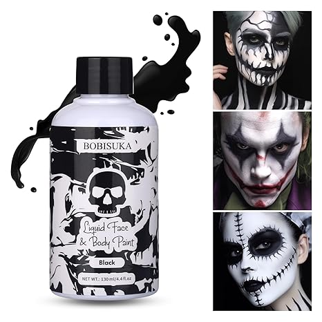 BOBISUKA Black Face Body Paint Liquid Texture Washable Non Toxic Facepaint Fast Drying Foundation Makeup for Halloween Clown Skeleton Skull Cosplay SFX Costume Party Large Capacity(130ml) - sugar skull makeup kit