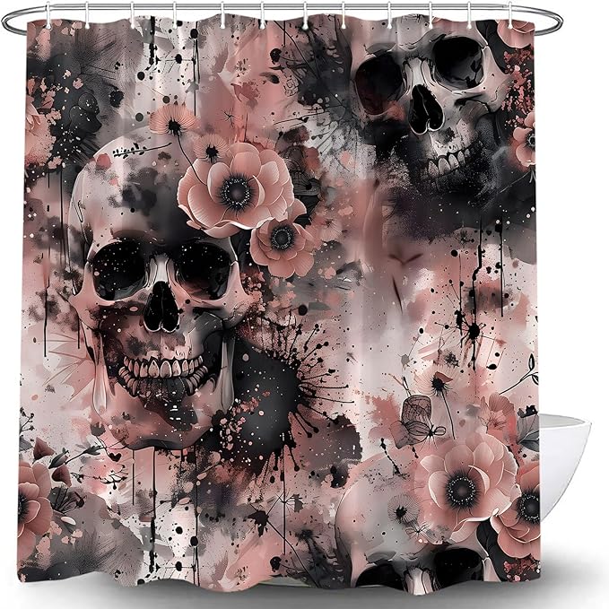 Skull Floral Shower Curtain Gothic Skeleton Grey Pink Floral Retro Spooky Vintage Halloween All Saints Day Horror Scary Witchy Day of The Dead Skull Bone Bloody Fabric Bath Curtain with Hook - sugar skull shower curtain set