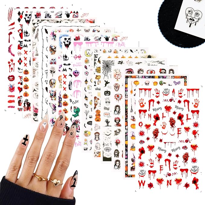 SIUSIO 15 Sheets Halloween Nail Art Stickers Cute Pumpkin Skull Ghost Party Theme 3D Self-Adhesive Horror Witchy Bat Poker Blood Nail Decals Nail Supplies DIY Nail Stickers for Women Girls Kids Decor - sugar skull nail art