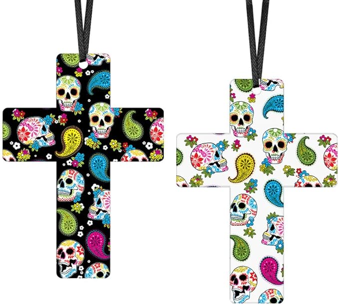 WIRESTER Set of 2 Aluminum Cross Hanging Ornaments for Christmas Tree Holidays, Party, Car, Home, Office Decoration, Ready to Hang Ornament - Colorful Sugar Skulls, Sugar Skulls On White - sugar skull christmas decorations