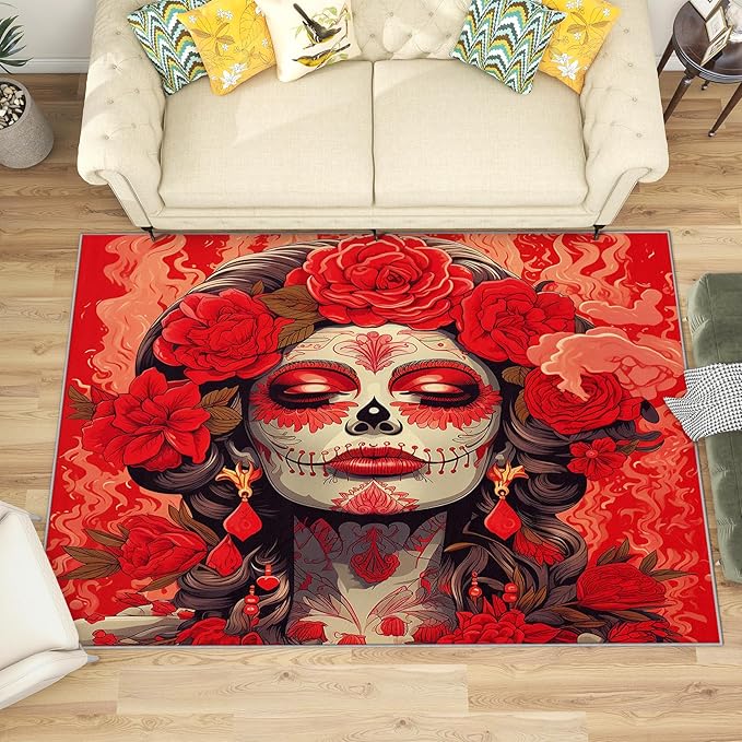 Day of The Dead Area Rug - 2x3 Rug - Day of The Dead Rug - Red Floral Girls Area Rug - Mexican Sugar Skull Rugs - Dia De Los Muertos CarpetSoft Washable Non Slip Low Pile Home Decor - sugar skull area rug
