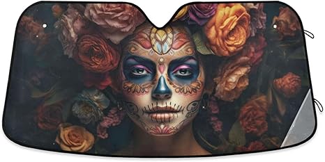Car Windshield Sun Shade Aluminum foil Layer Reflective Sun Visor for SUV Sedan-Portrait Woman Sugar Skull Print Medium Size - sugar skull car sunshade for windshield