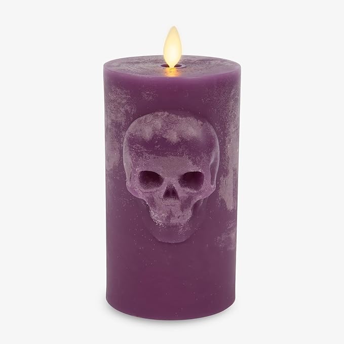 Luminara Chalky Skull LED Candle, Imperial Purple, Moving Flame, Gothic Halloween Decor, Battery Operated Flameless Unscented Wax Timer Indoor - sugar skull candle holder