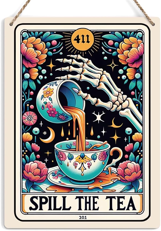 Funny Tarot Card Wall Art Decor Rustic Hanging Sign, Sarcastic Skeleton Tea Lovers Farmhouse Wall Hanging Decor, Witchy Stuff Witchcraft Supplies, Therapist Gifts for Women Decorative Wooden Sign - sugar skull canvas wall art