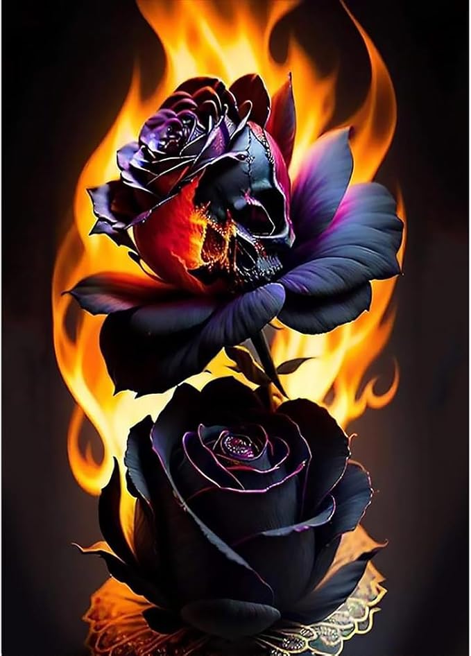 nekpiahu SkullFlower Diamond Art Painting Kits for Adults,Flowers Diamond Painting Kits for Beginners 5D Skull Full Drill Diamond Dots,Fire Gem Art Crafts for Adults Wall Decor 12x16inch - sugar skull canvas wall art