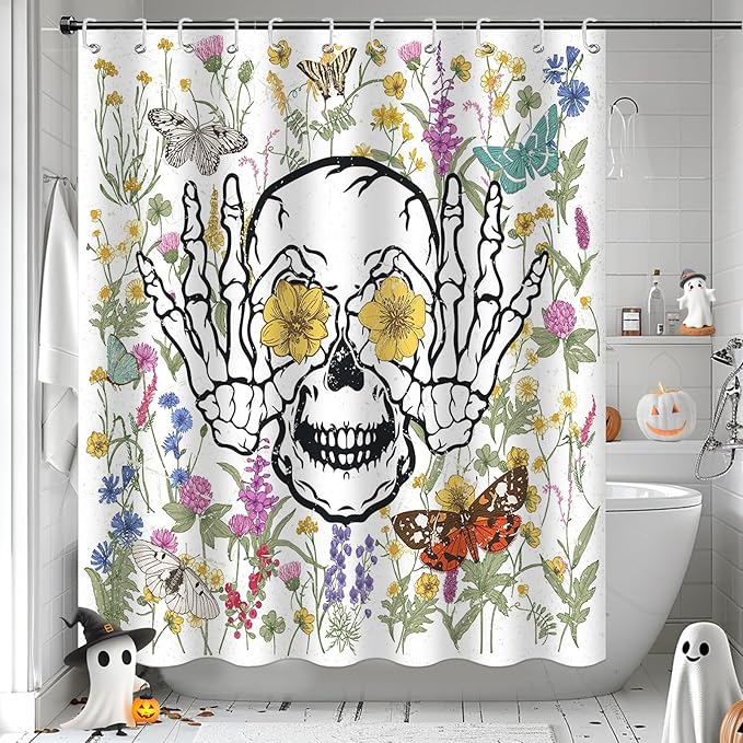 Mocsicka Halloween Shower Curtain with 12 Hooks Funny Sukll Shower Curtain Colorful Floral Skull Hands Halloween Party Decor Waterproof Fabric Machine Washable Shower Curtain, 72''X 72'' - sugar skull shower curtain set