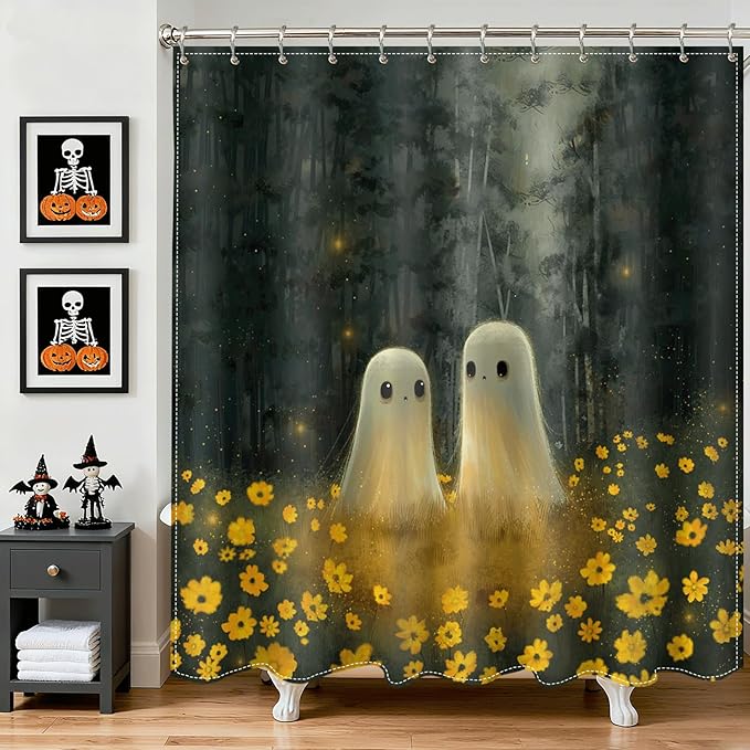 Halloween Shower Curtain Spooky Fabric Shower Curtain Cute Ghost Bathroom Curtain Decor with 12 Hooks 72x72 Inches - sugar skull shower curtain set