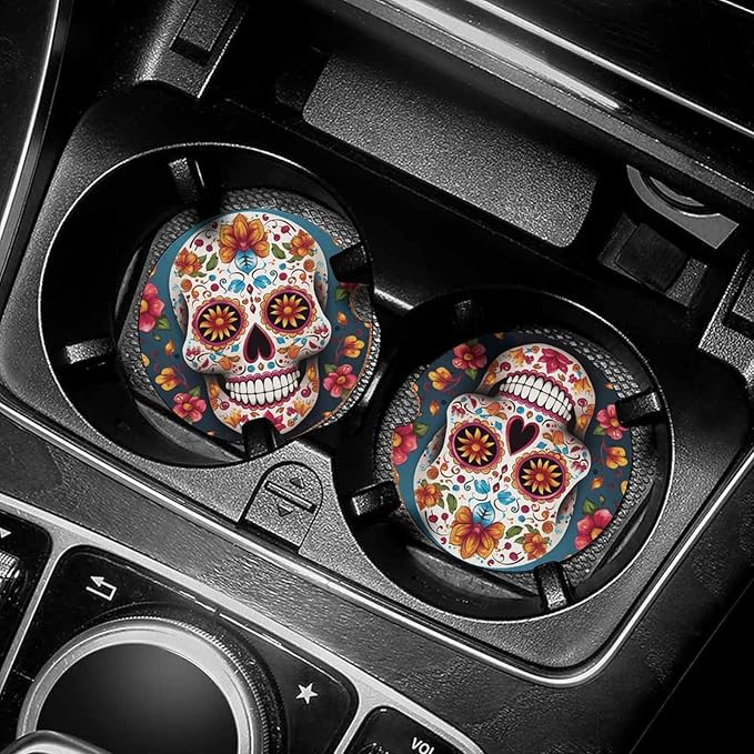Colorful Sugar Skull Car Cup Holder Coasters 1PCS Non-Slip Insert Car Coaster with A Finger Notch & Cork Base Cup Mat Drink Pad Auto Interior Accessories for Most Vehicles Office, White - sugar skull car floor mats