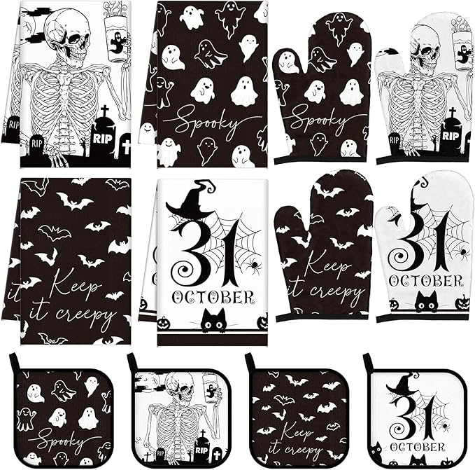 Pickmesh 12 Pcs Halloween Kitchen Towels and Oven Mitt Sets 4 Skeleton Oven Mitts 4 Ghost Dish Towels and 4 Witch's Pot Holders Cooking Accessories for Holiday Kitchen Decoration - sugar skull oven mitts
