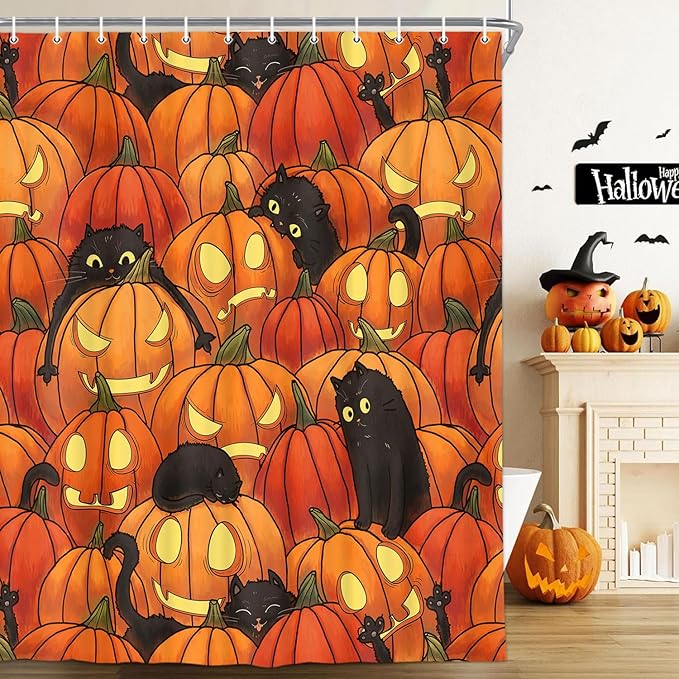 Funny Cat Shower Curtains Fall Decor, Happy Halloween Pumpkins Shower Curtain for Bathroom Black Cats, Colorful Fall Autumn Halloween Bathtub Curtain Hocus Pocus Bathroom Decor Set with Hooks 70X70in - sugar skull shower curtain set