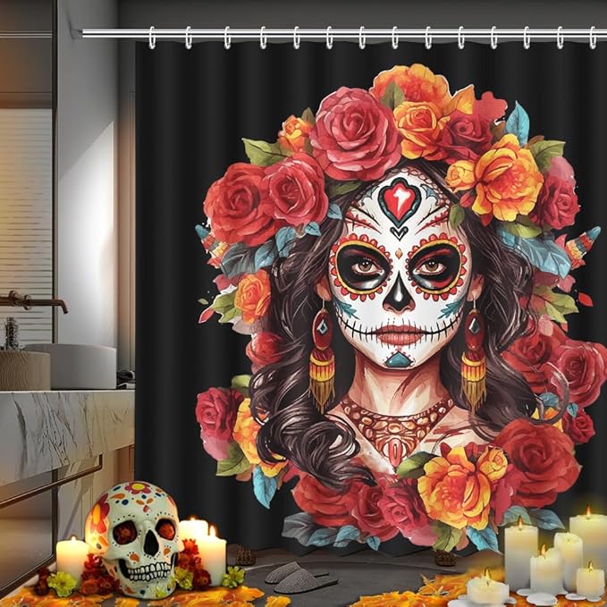 MEHOFOND Sugar Skull Shower Curtain for Girl Red Rose Flower Day of The Dead Bathroom Curtains Girl Skeleton Gothic Halloween Bathtub Decorative Waterproof Fabric with 12 Hooks 72x72 Inch - sugar skull shower curtain set