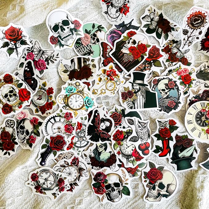 Yoksas Gothic Steampunk Rose Skeleton Stickers - 50Pcs Vinyl Vintage Horror Skull Flowers Stickers for Laptops,Water Bottles,Scrapbooks,Halloween - sugar skull vinyl sticker