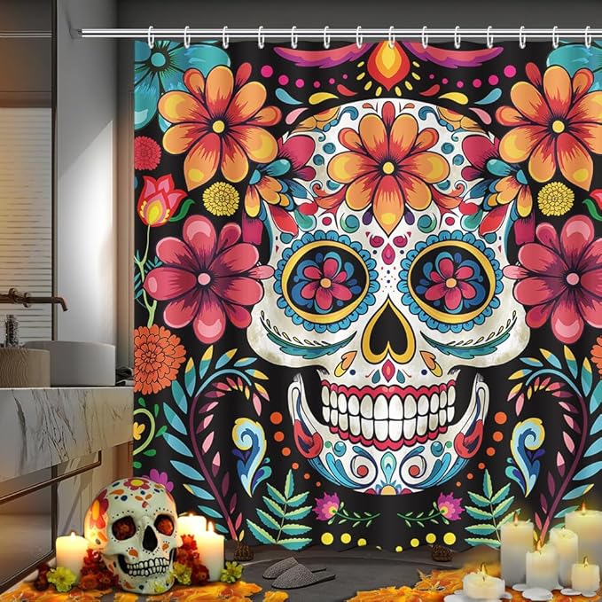 MEHOFOND Sugar Skull Shower Curtain Colorful Flowers Day of The Dead Bathroom Curtains Mexican Style Unique Bathtub Decorative Waterproof Fabric with 12 Hooks 72x72 Inch - sugar skull shower curtain set