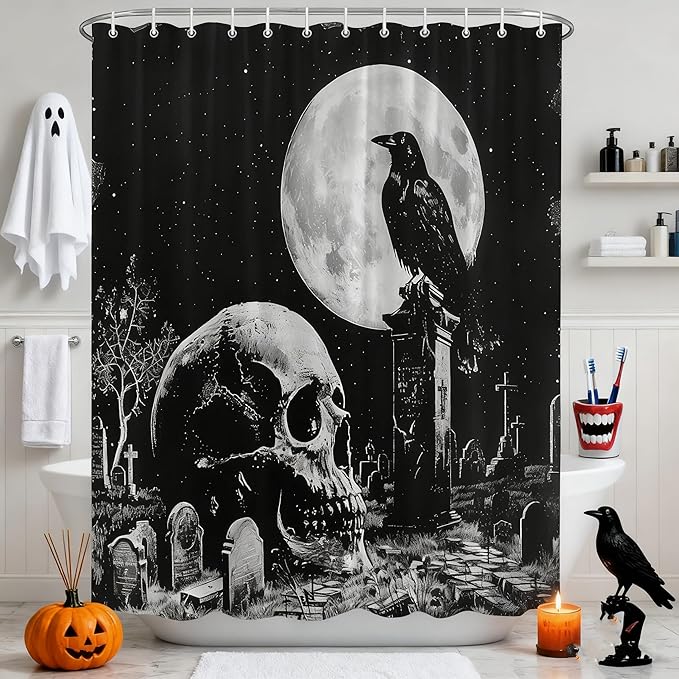 Gothic Skull Crow Shower Curtain Halloween Animals Cemetery Full Moon Night Spooky Raven Creepy Scary Goth Mysterious Horror Skeleton Vintage Boho Black Art Bathroom Decor Curtains 70x70 in with Hook - sugar skull shower curtain set