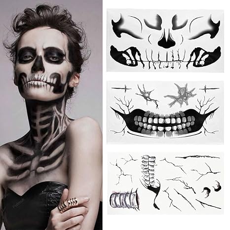 Fake Zombie Face Tattoos for Halloween Makeup Kit, Day of the Dead Skull Face Tattoos Halloween Costume Prank Temporary Tattoo for Women Mens - sugar skull temporary tattoo